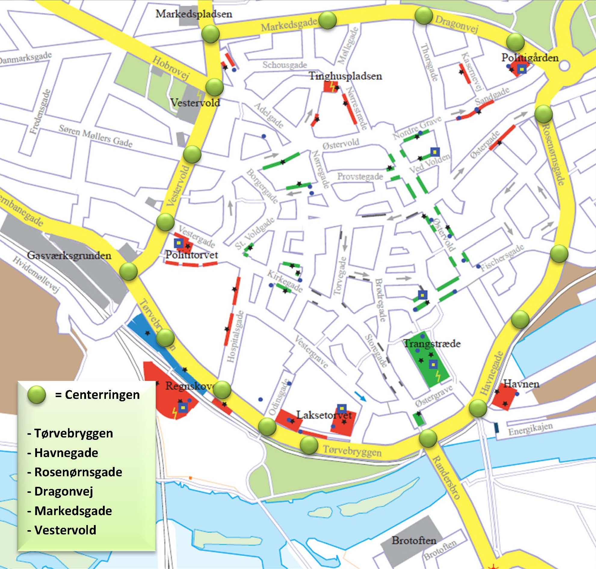 Kort som viser centerringen i Randers midtby